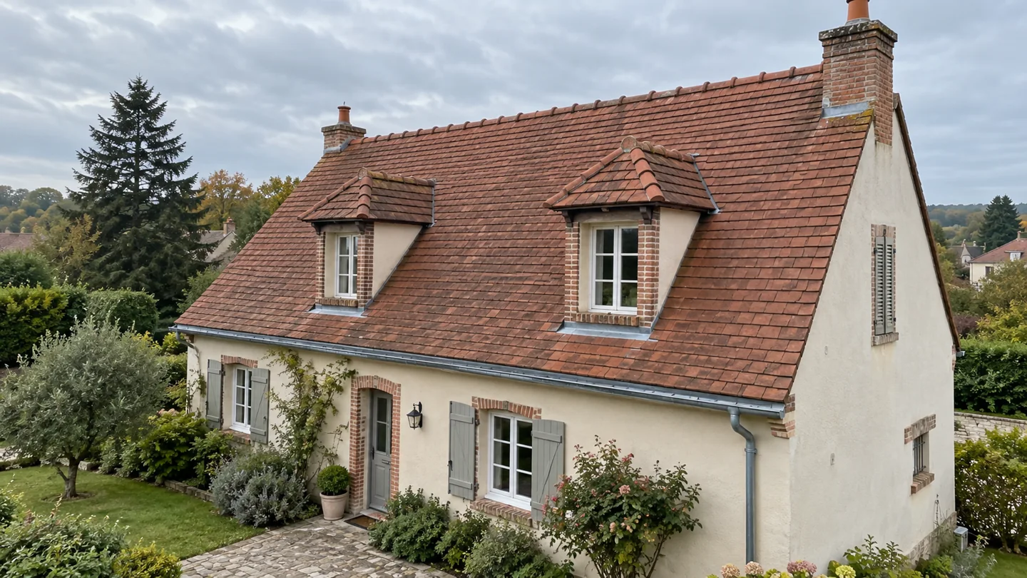 Maison de style normand avec une toiture en tuiles et des gouttières zinc